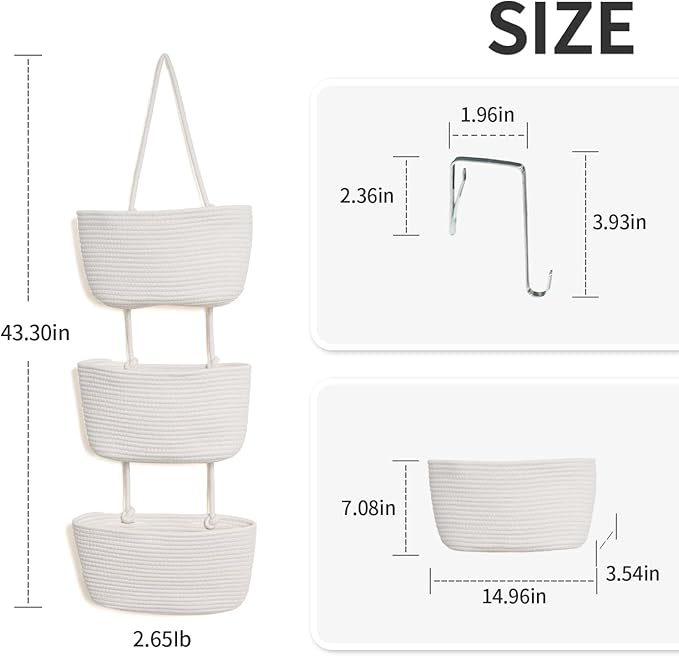 ANTIS'S HOME Over The Door Organizer Hanging Basket, 3-Tier Woven Cotton Wall-Mounted Nursery Storage Organizer Bag Boho Deco