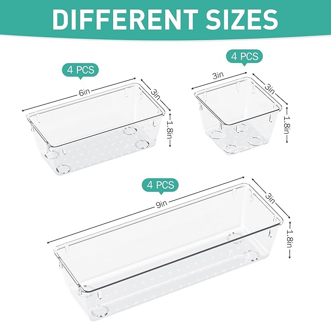 WOWBOX 12 Pack Clear Drawer Organizer Set, Acrylic Drawer Storage Trays, Storage Bins for Makeup, Cosmetics, Jewelries, Utens