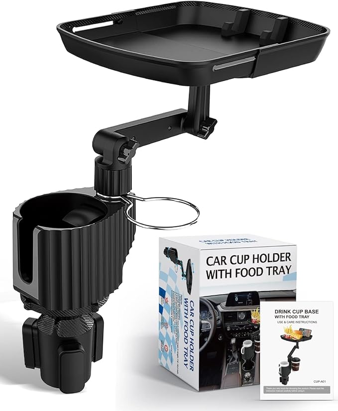 4-in-1 Car Cup Holder Expander Tray,Detachable Upgraded Food Tray Expandable Dual Cup with Phone Holder,360°Rotation Adjustable Base,Road Trip Essentials Accessories for Drinking and Eating