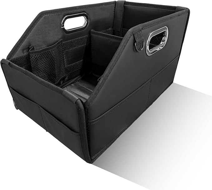 Car Storage Organizer, Waterproof Large Capacity Car Caddy Basket with Metal Handle & Movable Divider, Collapsible Multi-Pocket