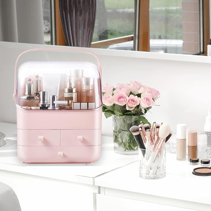 LINFIDITE Cosmetic Storage Box with Lid Waterproof&Dustproof Makeup Organizer Box Portable Handle,Large Makeup Display Case w