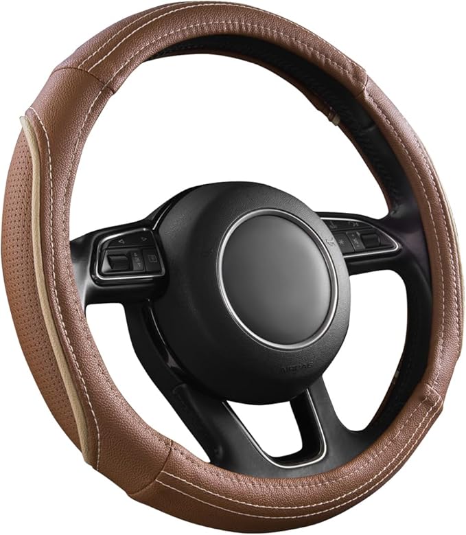 CAR PASS Brown Delux Leather Steering Wheel Cover, Universal Fit for Suvs,Sedans,Vans,Small Trucks for 14.5" to 15"(Brown & B