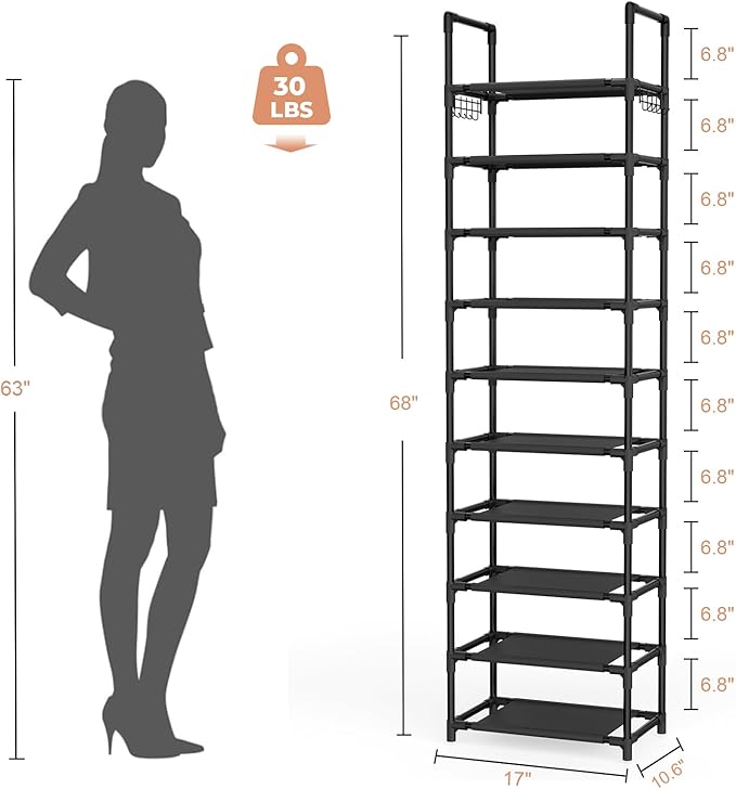 LANTEFUL 10 Tiers Shoe Rack 25 Pairs Large Capacity Tall Shoe Organizer Sturdy Shoe Storage with Two Hooks Space Saving Metal