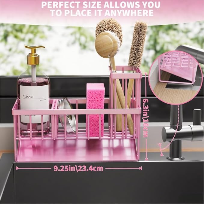 Cisily Pink Kitchen Sink Caddy Organzier with High Brush Holder, Sponge Holder for Sink, 304 Rustproof Stainless, Kitchen Cou