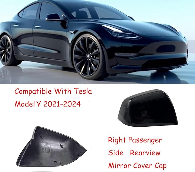 Compatible with Tesla Model Y Side Mirror Cover Replacement 2021 2022 2023 2024, Right Passenger Side Rearview Mirror Cover Cap for Model Y Accessories(Black)