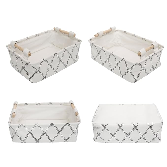 Decorative Collapsible Rectangular Fabric Storage Bin Organizer Basket with Wooden Handles for Clothes Storage,12.6x8.7x4.7 i