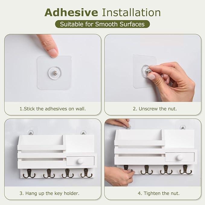 Key Holder Wall Mount, Wooden Adhesive Mail and Key Organizer with Drawer, Small Shelf, 8 Hooks, 2 Installation Methods, Whit
