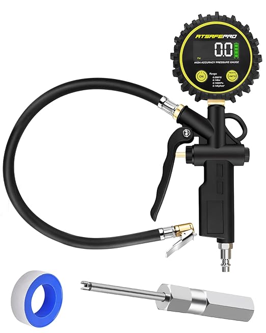 Atsafepro Digital Tire Pressure Gauge with Inflator, 0-200 PSI, 2.5" Screen, ±1% High Accuracy, Auto Shut-Off, Rubber Hose & 1/4" NPT Quick Connect Plug & Locking Air Chuck for Cars, Motors, Bikes