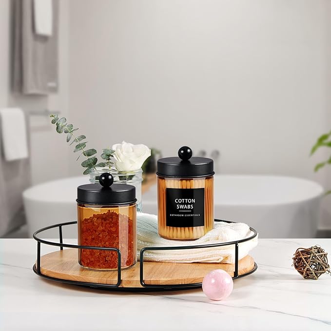 Amolliar Bronze Glass Apothecary Jar, Qtip Holder Metal Lid & Stickers, Bathroom Qtip Dispenser Storage Canister, Perfect for