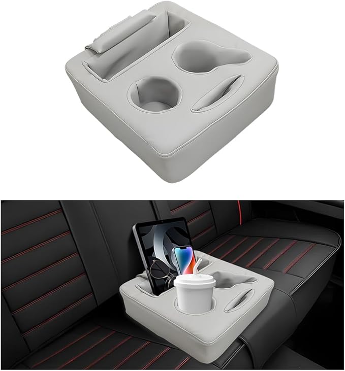 Car Back Seat Organizer, Leather Automotive Rear Seat Couch Cup Holder Expander Tray, Vehicle Cup Holder Tray Holds Snacks Remotes Phones for Truck RV Boat Couch Pillow Bed (Gray)