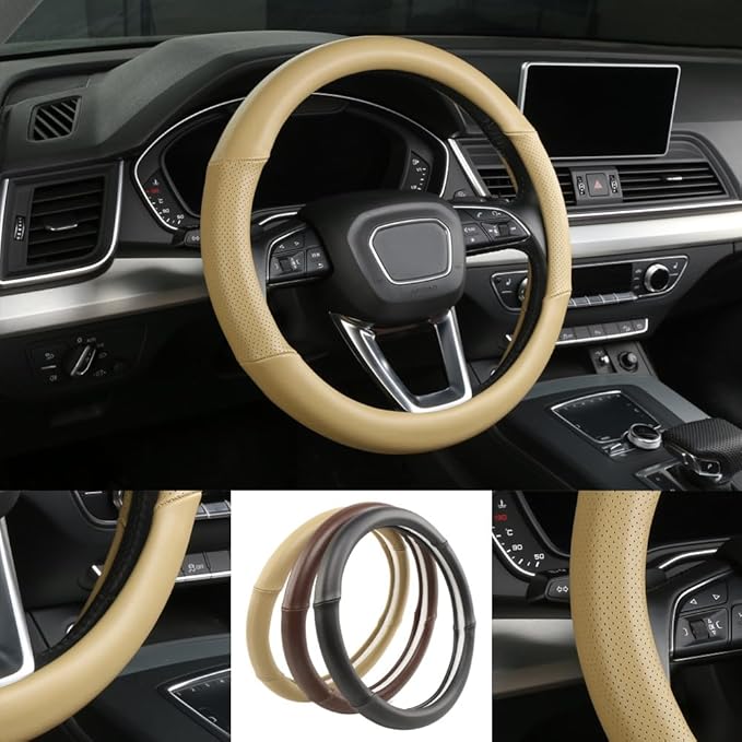 Cxtiy Genuine Leather Steering Wheel Cover with Ventilation Holes Luxury Cowhide,Breathable and Anti-Slip,14.5-15 inch(Beige)