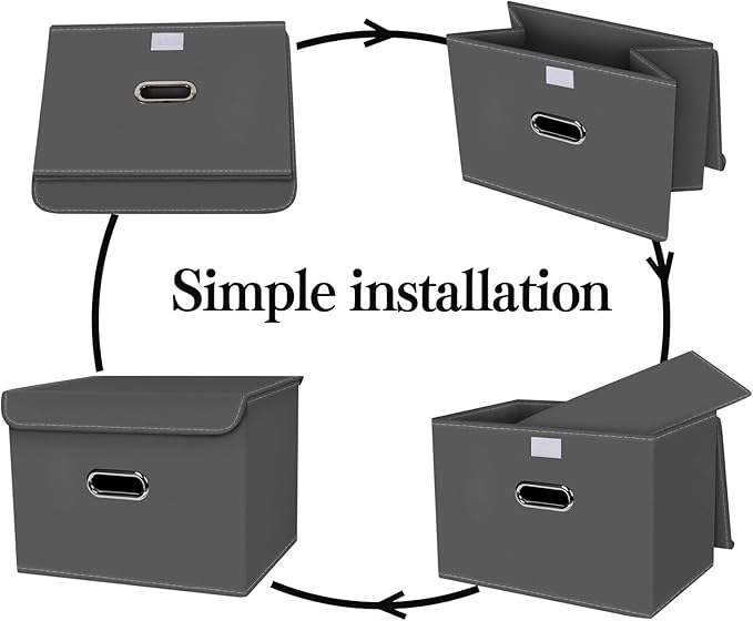 Fabric Foldable Collapsible Storage Cube Bin Organizer Basket with Lid, Handles, Removable Divider for Home, Closet (Grey, 6P