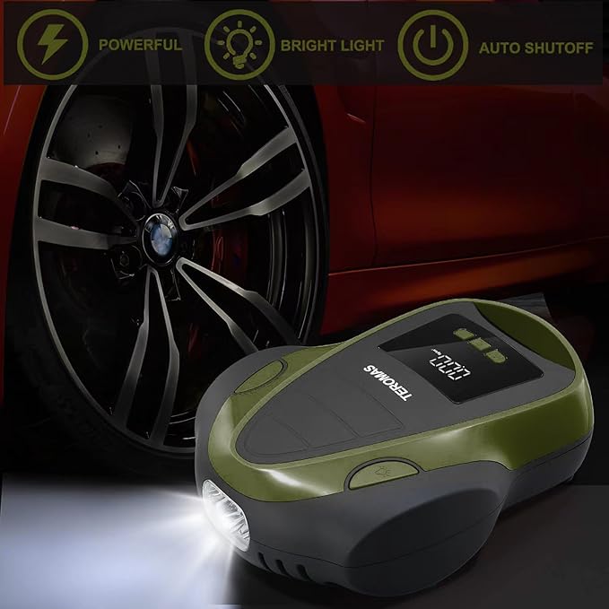 TEROMAS Tire Inflator Portable Air Compressor, Air Pump DC/AC for Car Tires 12V DC and Other Inflatables at Home 110V AC, Digital Electric Tire Pump with Pressure Gauge(Green)