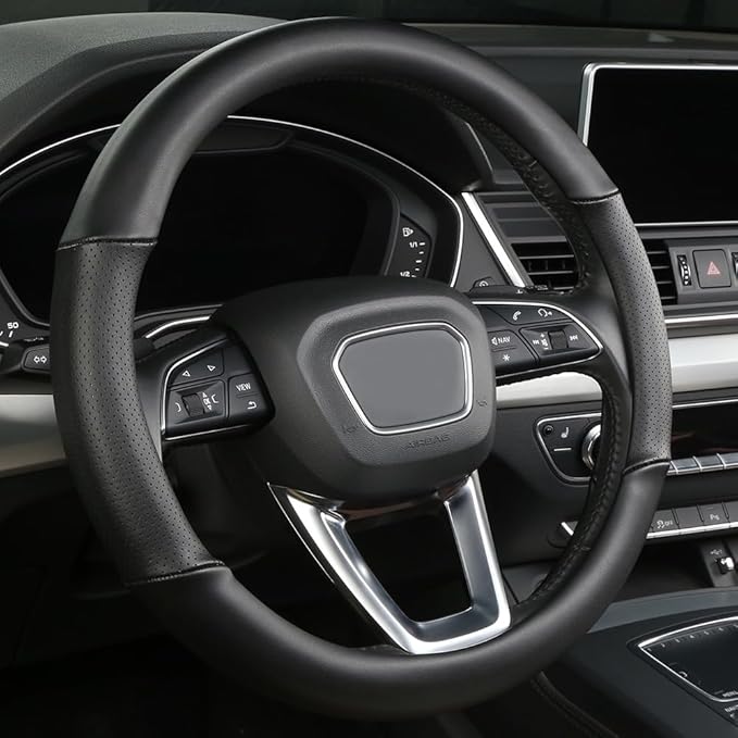 Cxtiy Genuine Leather Steering Wheel Cover with Ventilation Holes Luxury Cowhide,Breathable and Anti-Slip,14.5-15 inch(Black)