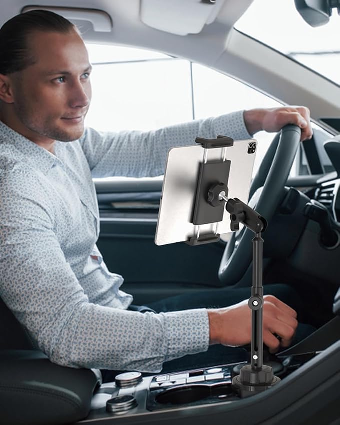Cup Holder Tablet Mount for Pickup Truck, [Adjustable Height] Metal Long Arm SUV Tablet Mount Heavy Duty, Universal Car Cup Holder for 4-13" iPad Pro Air Mini, Phone, Galaxy Z Fold, Fire HD