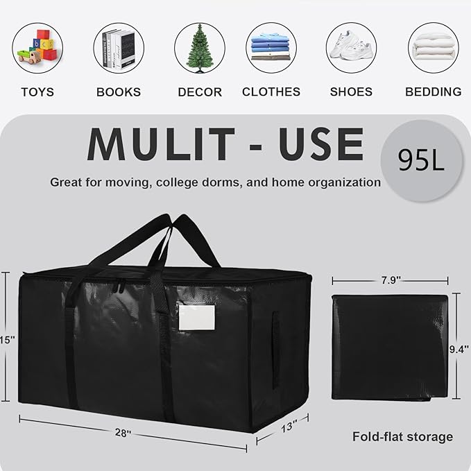 6 Pack-Extra Large Heavy Duty Moving Bags - Waterproof Storage Totes with Handles & Zippers, Foldable for College Dorm, Stora