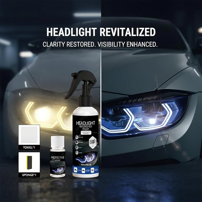 Automotive Headlight Restoration Kit: Fast & Easy Car Headlight Cleaner for Oxidized, Yellowed Headlamps - Refurbishing Fluid
