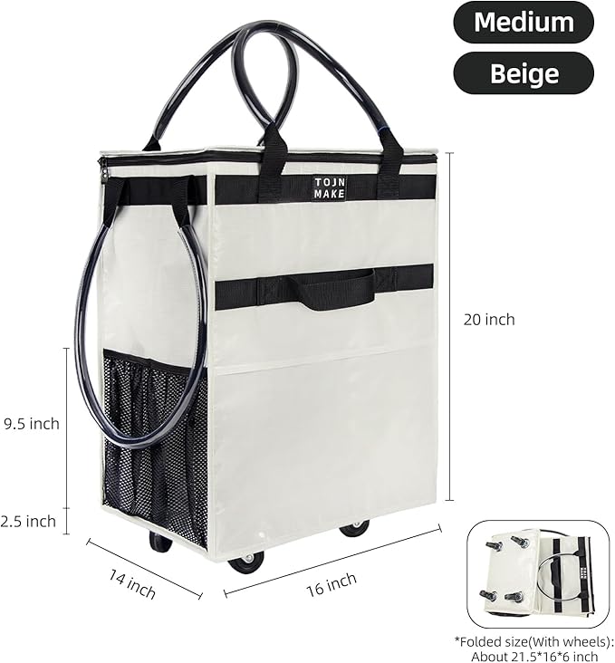 Reusable Grocery Bag On Wheels, Shopping Trolley, Rolling Tote with 8 Pockets and Zipper Cover, Foldable, Heavy Duty Handles, Carries Up to 46 LBS (Medium, Beige)