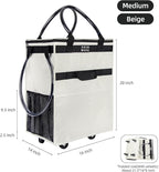 Reusable Grocery Bag On Wheels, Shopping Trolley, Rolling Tote with 8 Pockets and Zipper Cover, Foldable, Heavy Duty Handles, Carries Up to 46 LBS (Medium, Beige)