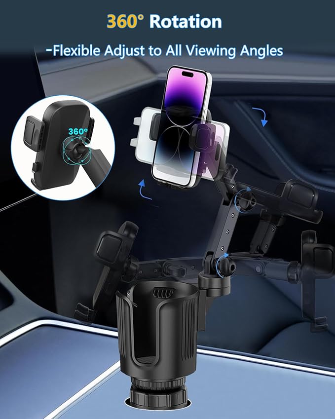 Cup Phone Holder for Car Cup Holder with Expandable Base, Detachable Dual Cellphone Holder Cupholder Car Mount with Long Arm 