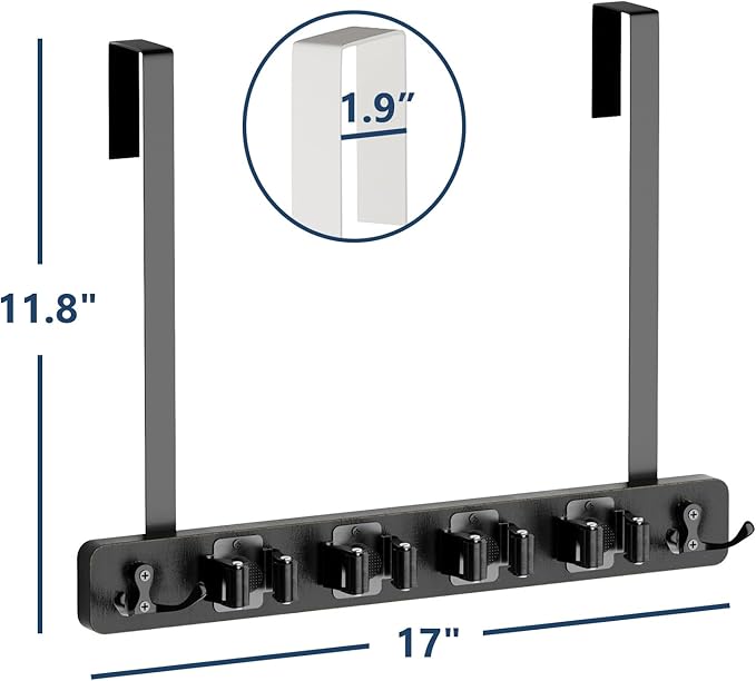 Lorbro Broom Holder Door Mount, Over the Door Broom and Mop Holder with 2 Over Door Hooks, Wood Broom Hanger, Tool Rack Organ
