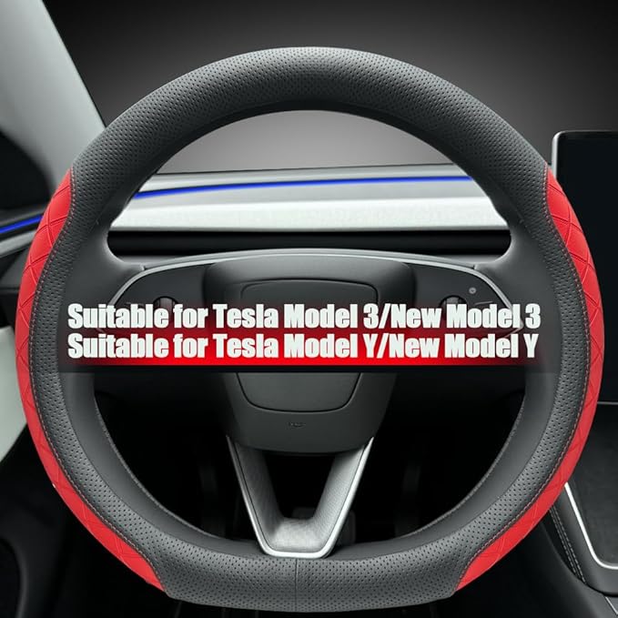 LKWLIKEI Leather Steering Wheel Cover. Elegant Diamond Checkered Design, Non-Slip and Breathable, for Tesla Model 3/Y Steerin