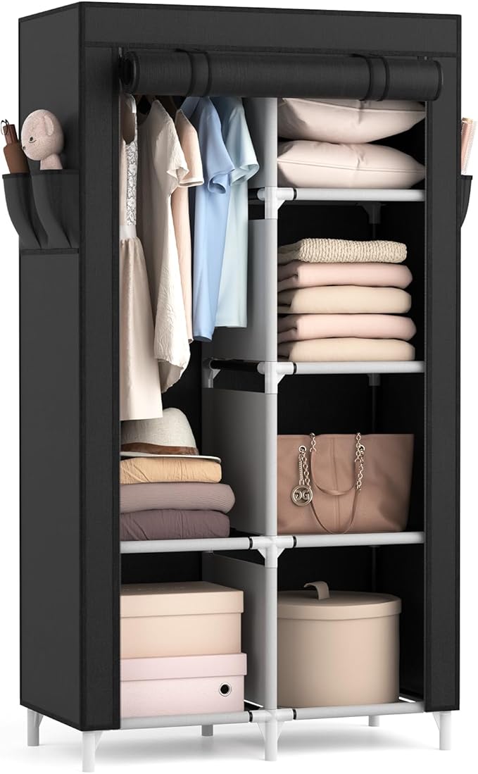 ROJASOP Portable Closet Wardrobe Closet for Hanging Clothes with 6 Storage Shelves, 1 Hanging Rod and 4 Pockets, Free Standin
