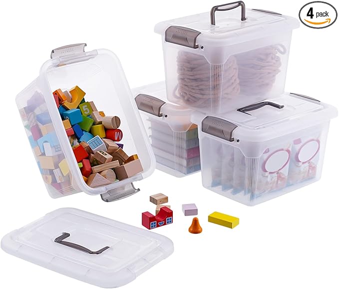 Citylife 4 Packs 6 QT Storage Bins with Lids Clear Plastic Bins with Grey Handle Stackable Storage Containers for Organizing