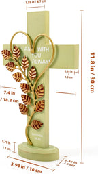 Wooden Wall Cross with Iron Heart Leaf Decorated with Hook and Base Hanging Wall Or Table Cross with Matthew 28:20 For Church
