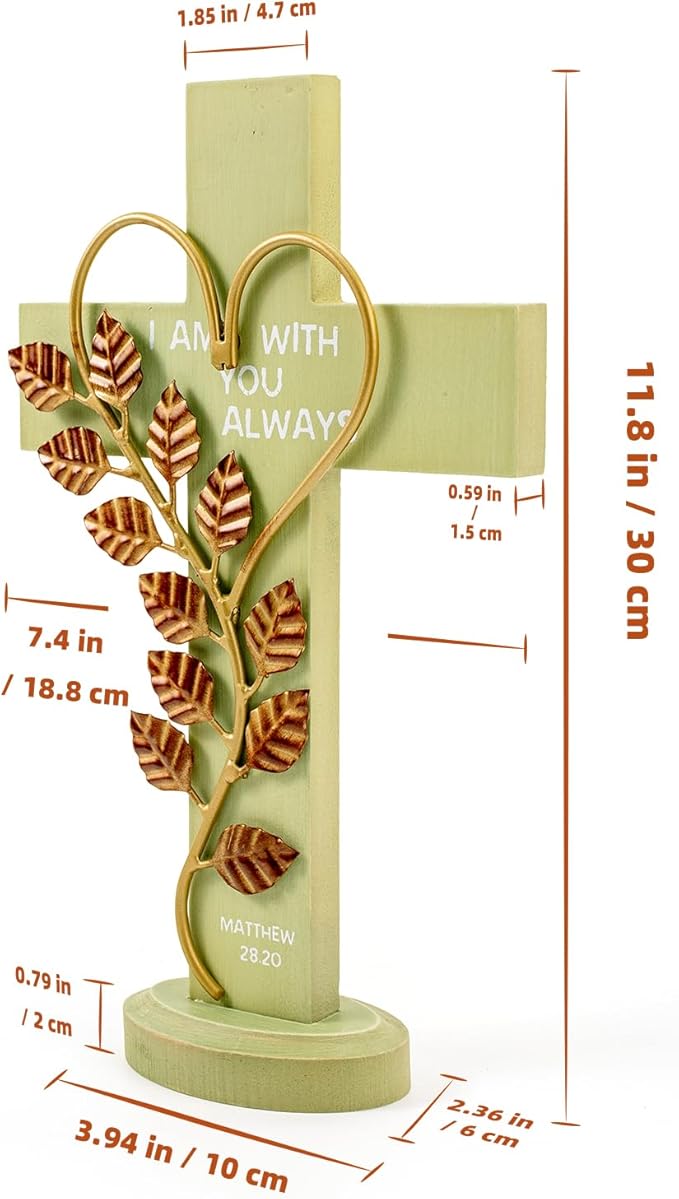 Wooden Wall Cross with Iron Heart Leaf Decorated with Hook and Base Hanging Wall Or Table Cross with Matthew 28:20 For Church