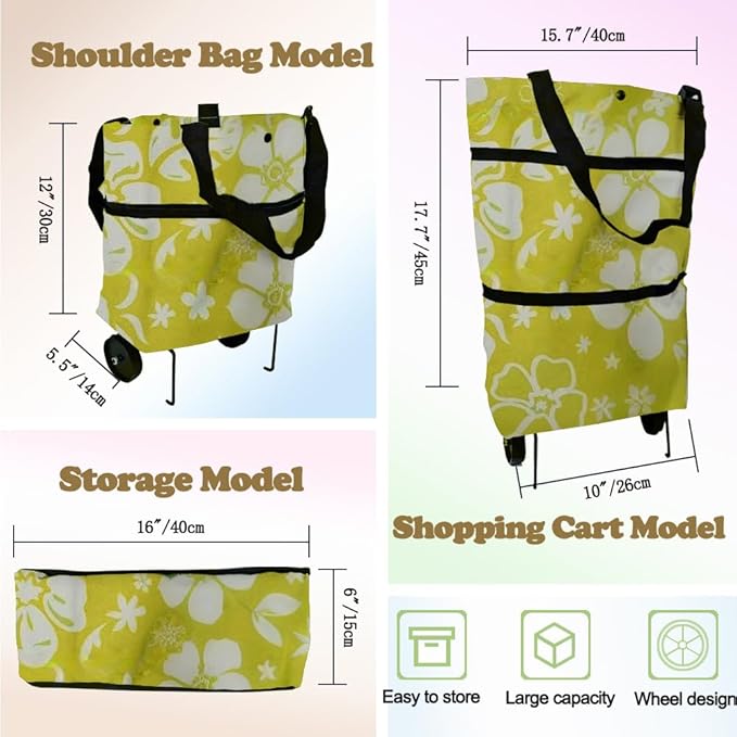 Collapsible Shopping Grocery Bag with Wheels Rolling Tote Bag with Wheels Large Reusable Shopping Bags Foldable Cart(Yellow Green Flower,Large)