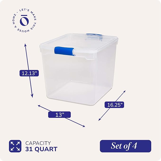 HOMZ 4-Pack 31 Quart Latching Lid, Clear Plastic Storage Organizer Bins, Blue – Stackable Containers for Home & Office Shelve