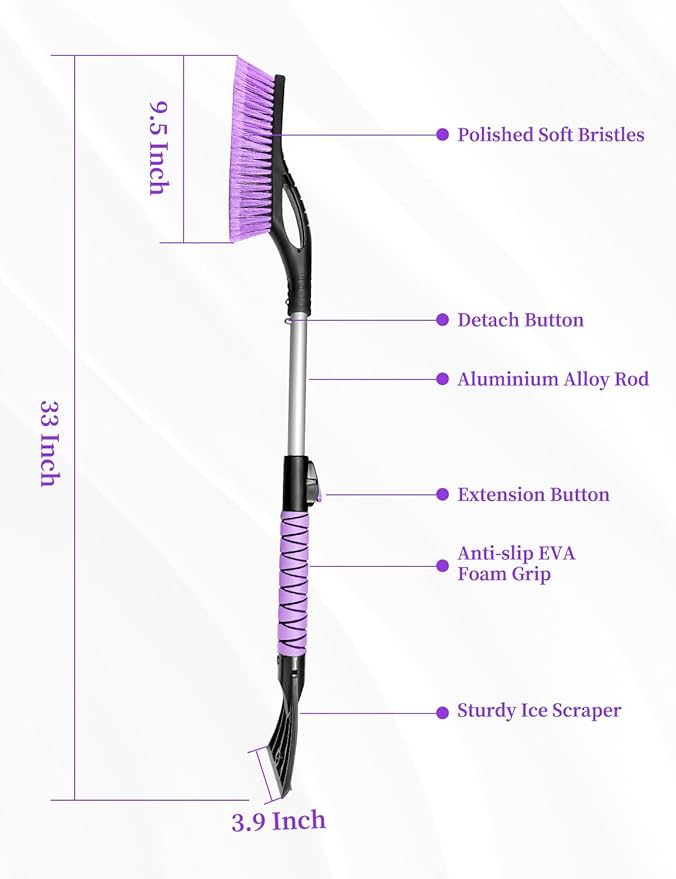 HEEYA 2 Pack Ice Scraper and Brush for Car, Extendable Snow Brush and Ice Scraper for Car Windshield Window, Car Snow Scraper and Brush with Foam Grip for SUV Truck Automobile Vehicle - Purple
