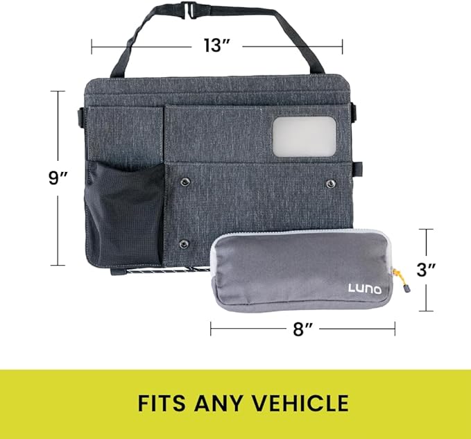 Luno Backseat Car Organizers - Travel Organizer for Road Trip Essentials w/iPad Holder, Snap-On Pouch, Bottle Slot & G-Hooks for Road Trip & Camping - Seat Protector & Organizer Fits All SUVs & Cars