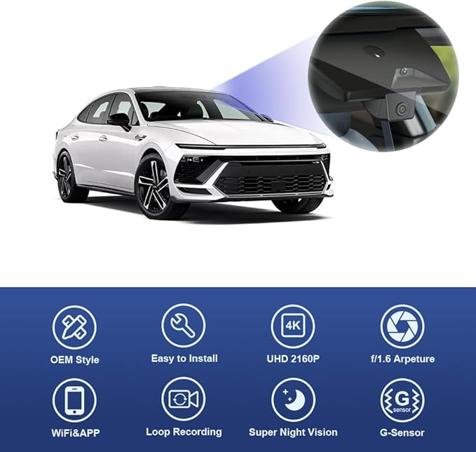 Fitcamx 4K Dash Cam Suitable for Hyundai Sonata 2024 2025 & Hybrid (Part No#L1600), OEM Factory Look, 2160P UHD Video, Built-