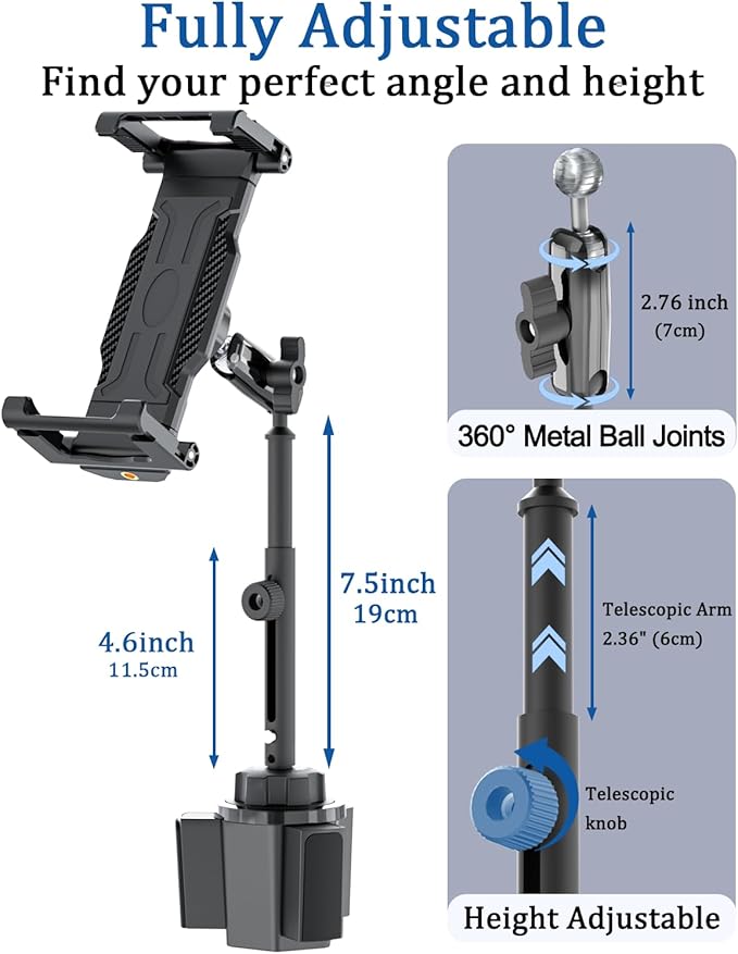 Cup Holder Car Tablet Mount [Thick Case Friendly] Aluminum Long Arm Heavy Duty Cupholder Tablet Mount for Truck/Pickup for Car Accessories, Fits iPad Pro 13/Air/Mini, Galaxy Tab, 5.5-15.6" Devices