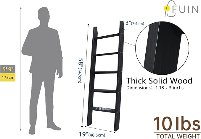 FUIN 5ft (58") Wood Blanket Ladder Living Room Decorative Wall Leaning Farmhouse Quilt Display Holder Shelf Rustic Wooden Tow