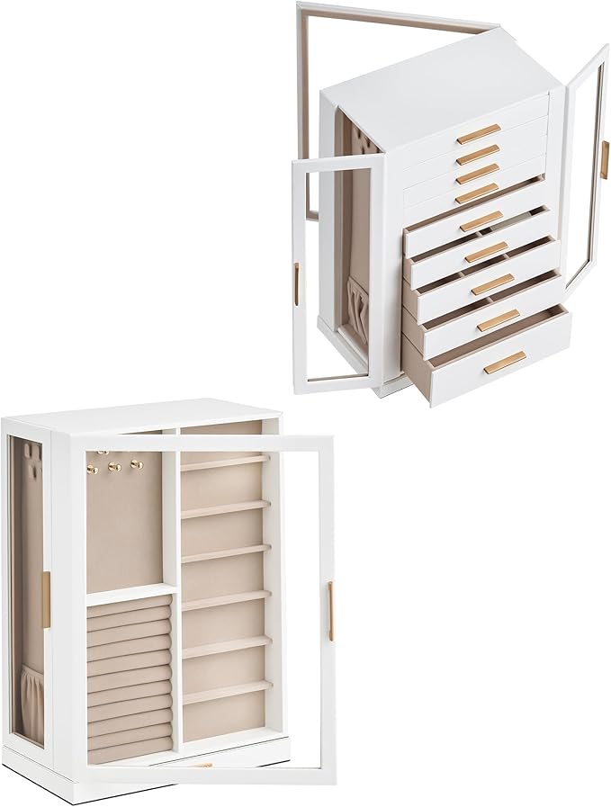 Glimmloop 360° Rotating Jewelry Box with 9 Drawers, Spacious Vertical Jewelry Organizer with Glass Window, Jewelry Storage Ca