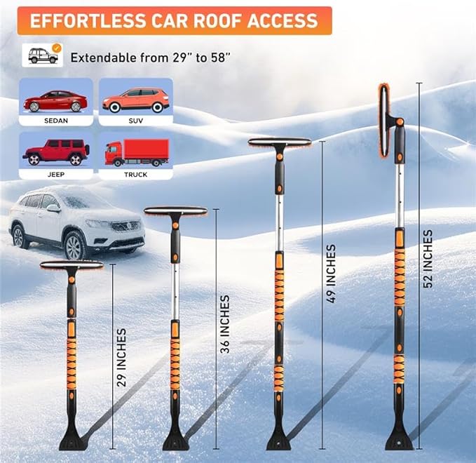 EcoNour 49" Extendable Squeegee Snow Brush and Ice Scraper for Car Windshield & Windows | 270° Telescopic Snow Broom with Pivoting Squeegee | Heavy Duty Car Snow Removal Tool for SUV, Truck & Car