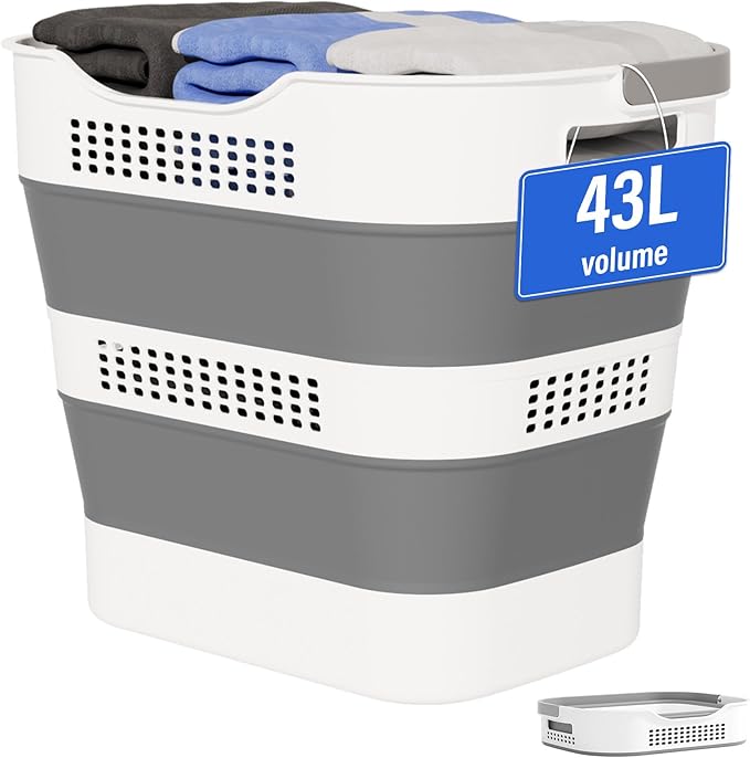 OOAMBB 43L(11.5Gallon) Collapsible Laundry Basket with Handles, Foldable Laundry Basket Plastc,Pop Up Tall Storage Container/