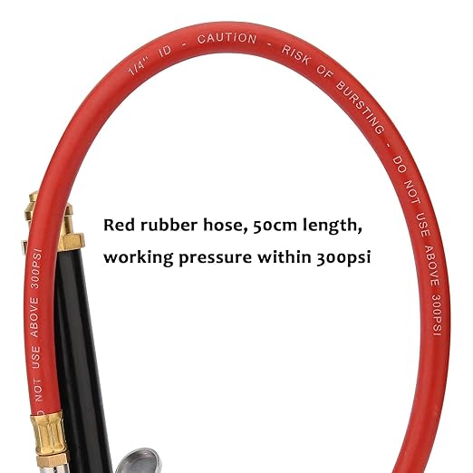MEASUREMAN Heavy Duty Bayonet Style Tire Inflator, Aluminum Body, 20" Red Hose, Clip On Air Chuck, Aluminum Slide, Range 10-130psi/kpa