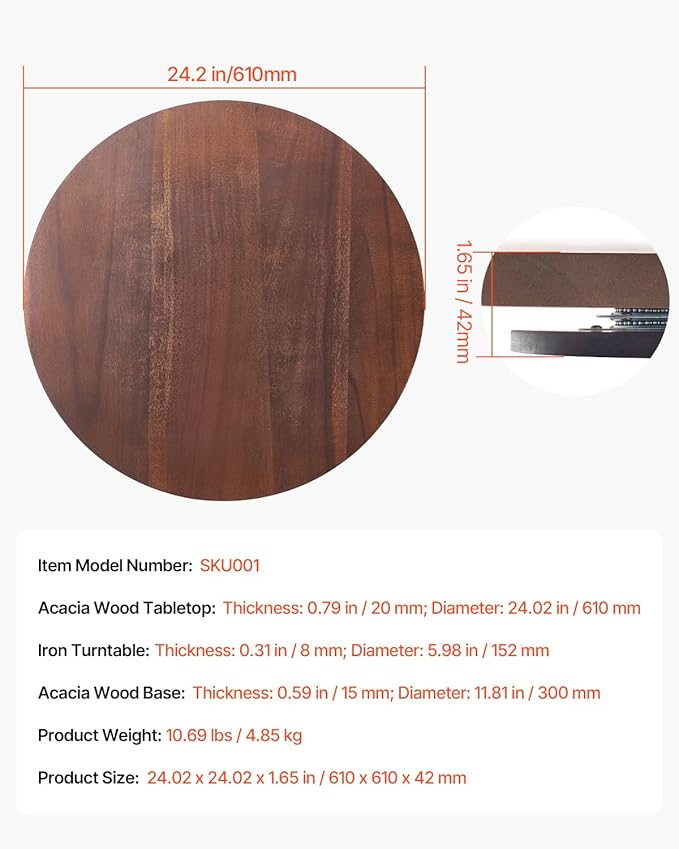 VEVOR 24 in Wood Lazy Susan Turntable, 360° Rotation Round Clear Tabletop Rotating Tray, Acacia Wood Dining Table Centerpiece