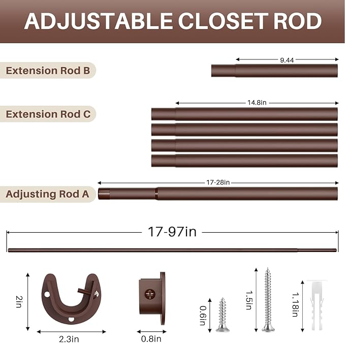 Closet Rod - Closet Rods for Hanging Clothes, 17 to 97 inch Adjustable Closet Hanging Rod, Heavy Duty Clothes Rod Clothing Ba