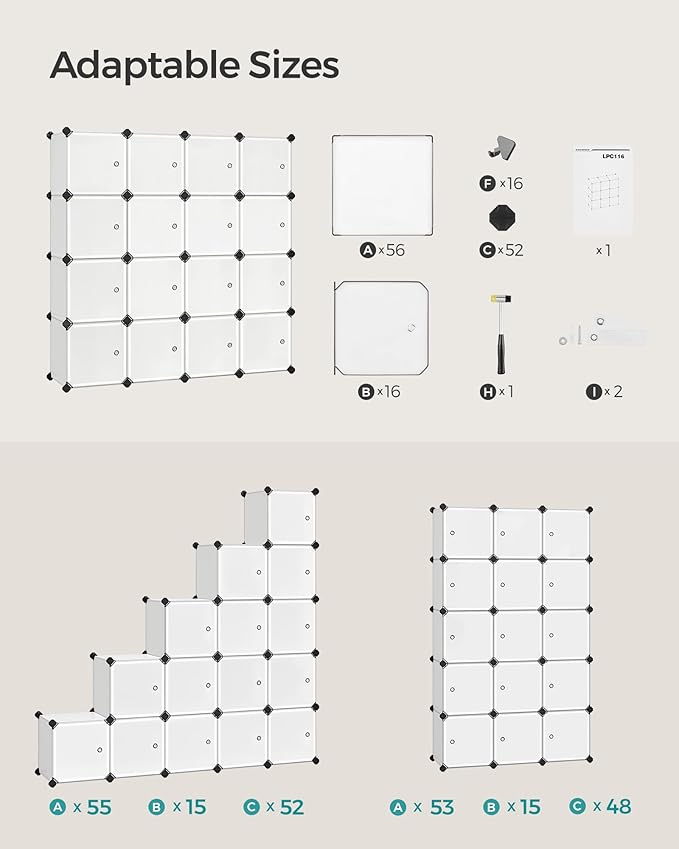 SONGMICS Cube Storage Organizer, Set of 16 Plastic Cubes, Closet Storage Shelves, DIY Plastic Closet Cabinet, Modular Bookcas