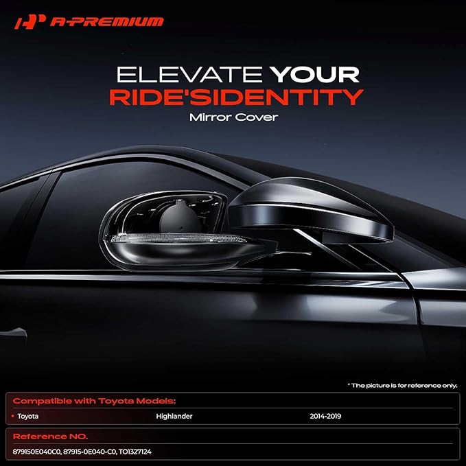 A-Premium Passenger Side Rearview Mirror Cover Cap - Compatible with Toyota Highlander 2014-2019 - Smooth Black, with Turn Signal Hole