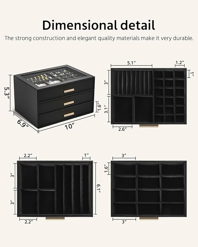 AKOZLIN Jewelry Box with Clear Lid Functional Leather Jewelry Storage Organizer Case 3 Drawers for Women Girls Necklace Ring 