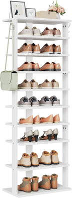 HOOBRO 10 Tiers Vertical Shoe Rack, Wooden Shoe Storage Organizer with Hooks, Narrow Shoe Tower for 20 Pairs, Space Saving, f