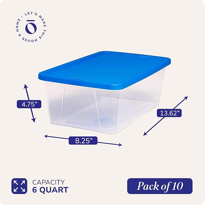 HOMZ 10-Pack Snaplock, Small Clear Plastic Storage Organizer Bins w/Lids, 6 Quart, Blue - Stackable Container Boxes for Bedro