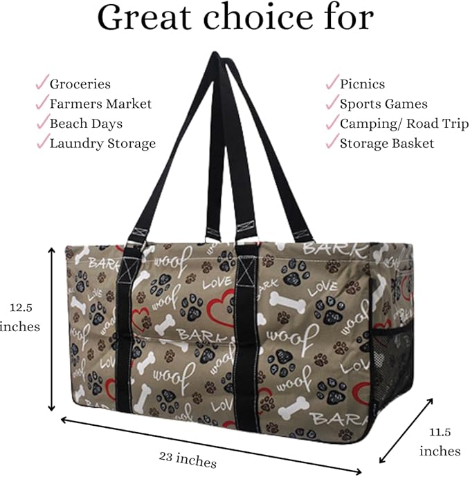 NGIL Extra Large Utility Tote Reusable Grocery Bag Oversized Collapsible for Groceries, Storage, Picnic, Beach (Puppies-black)