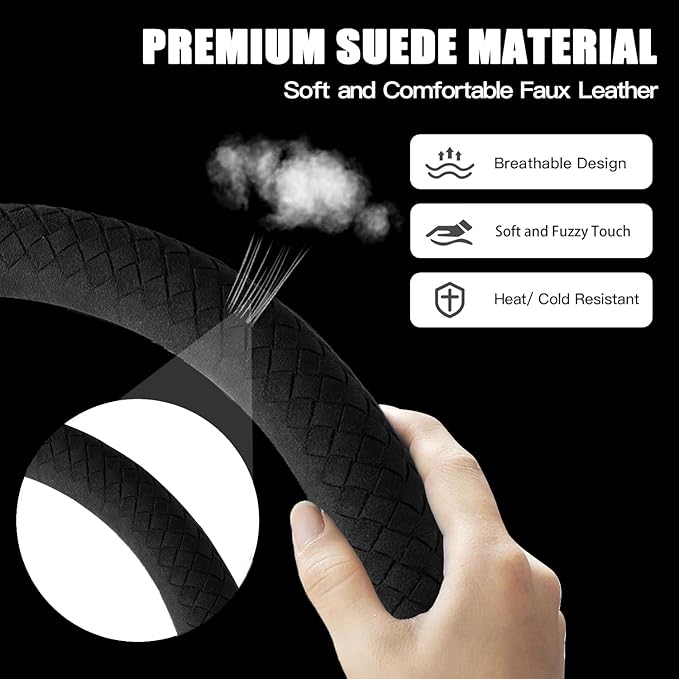 Suede Steering Wheel Cover with Upgraded Silicone Inner Ring, Breathable, Anti-Slip, Leather Universal 14.5 to 15 Inch Steeri